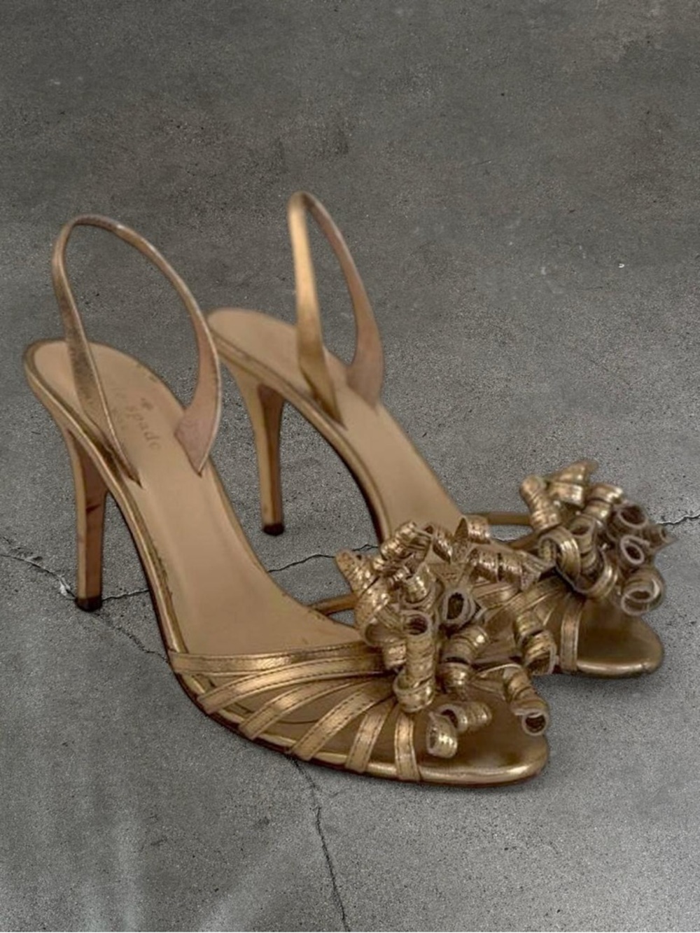 Vintage Kate Spade Gold Leather Slingback Heels with Decorative Curl Accent